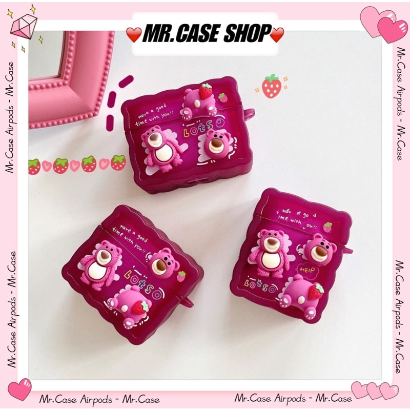 [ CÓ AP 3 ] Case Airpods 1/2 /Pro Vỏ Ốp Tai Nghe Hình Vuông Gấu Hồng Lotso Sticker Nổi - Mr.Case AirPods