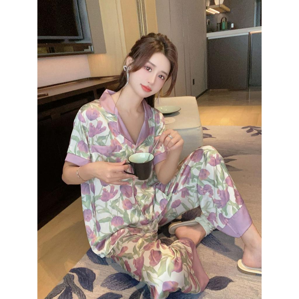 Bộ Đồ Ngủ Ngắn Tay Bằng Lụa Mát Họa Tiết Hoa Xinh Xắn Thời Trang Mùa Hè Cho Nữ