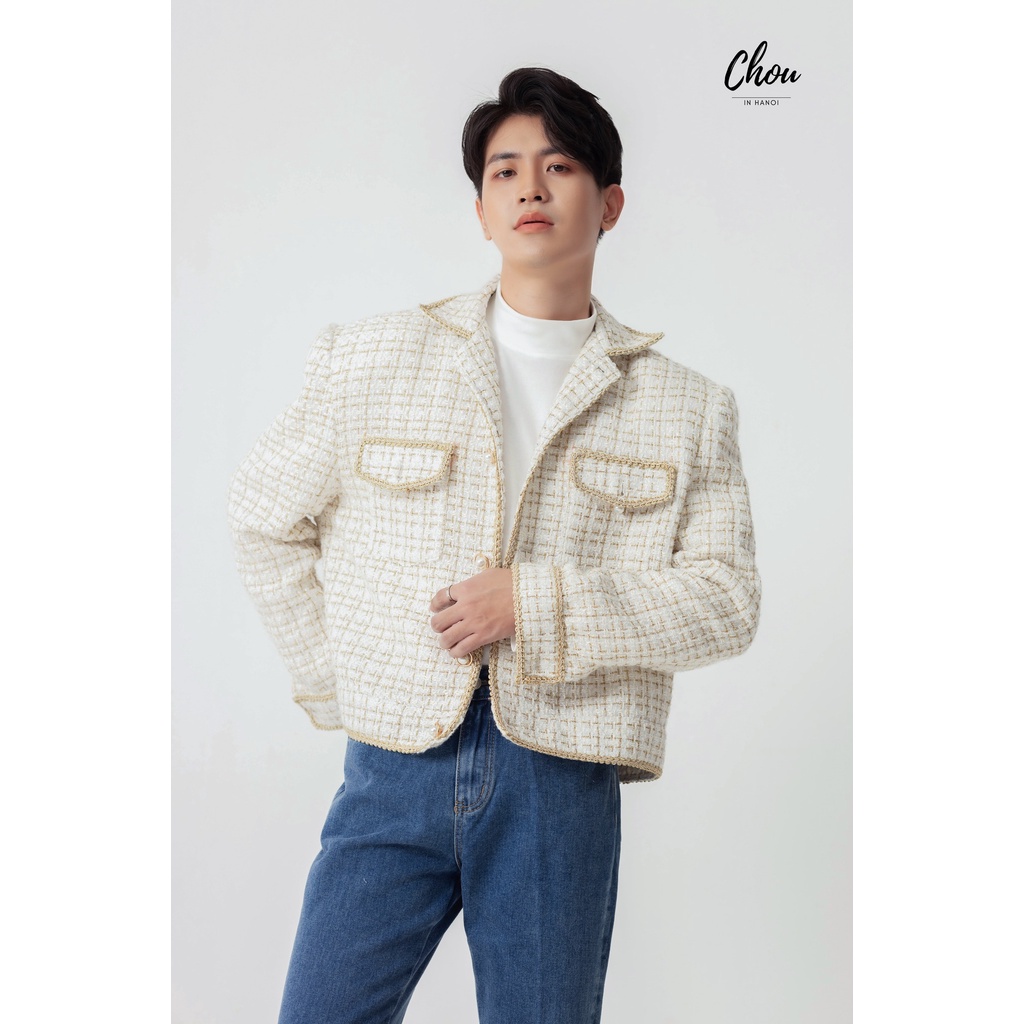 Áo dạ Tweed nam phong cách Hàn Quốc dáng rộng viền áo thêu đi tiệc đi chơi đi chơi đi sự kiện