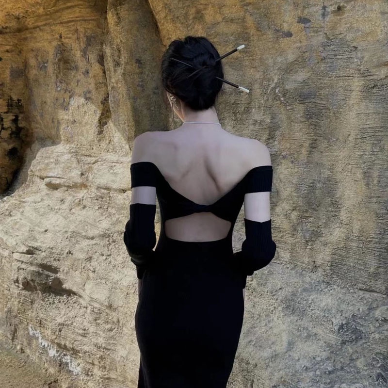 ZHELIHANGFEI Đầm Dệt Kim Màu Đen Trễ Vai Xẻ Tà Quyến Rũ Thời Trang Cho Nữ