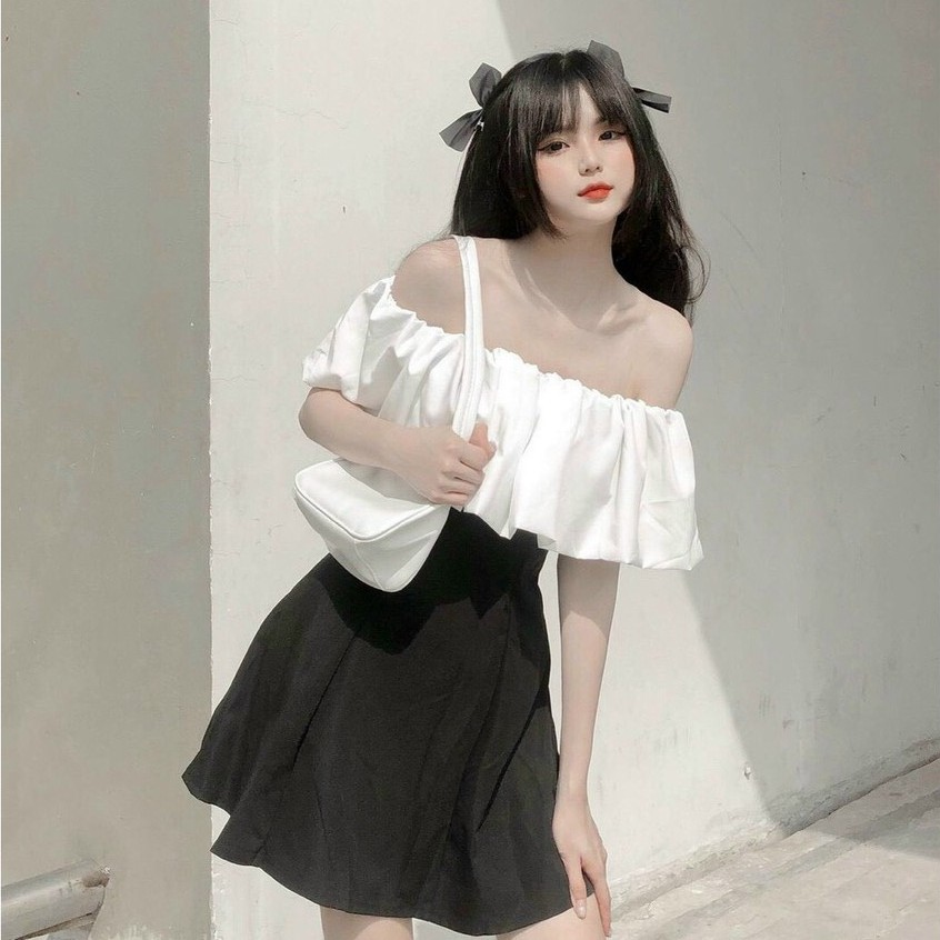 [có feedback]Đầm dự tiệc Đầm body chữ A đen hở vai, tay bồng tiểu thư bánh bèo Ulzzang HOT Váy Trễ Vai Phối Ngực Trắng🌸 | BigBuy360 - bigbuy360.vn