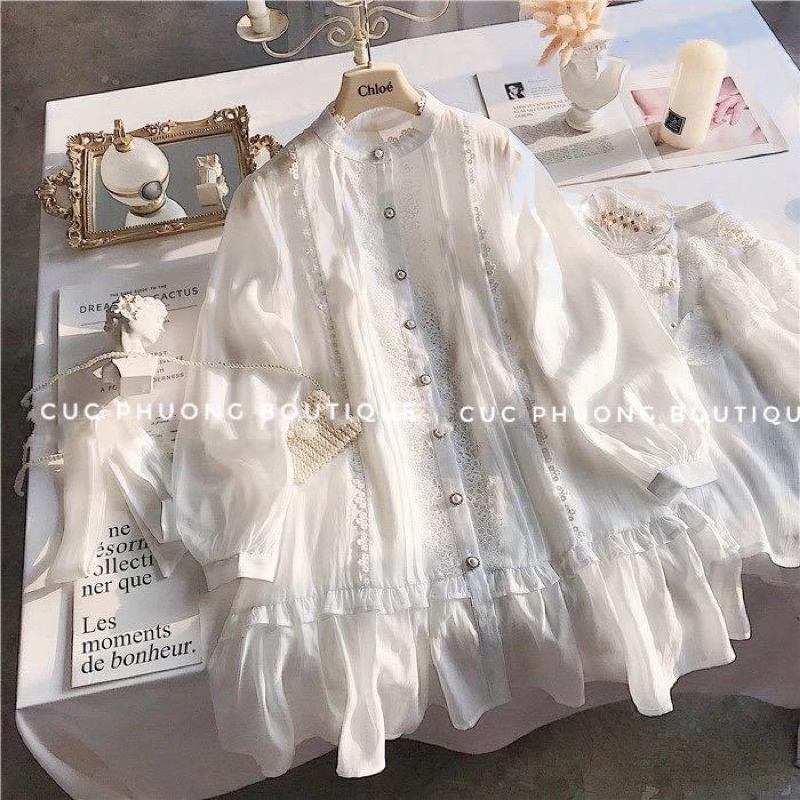 Váy Trắng Voan Thêu Ren Tay Dài Dáng Babydoll hàng QCCC Thiết Kế