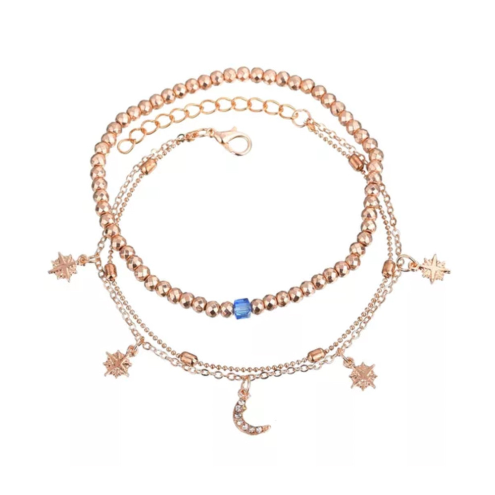Three-layer pearl star and moon gold anklet