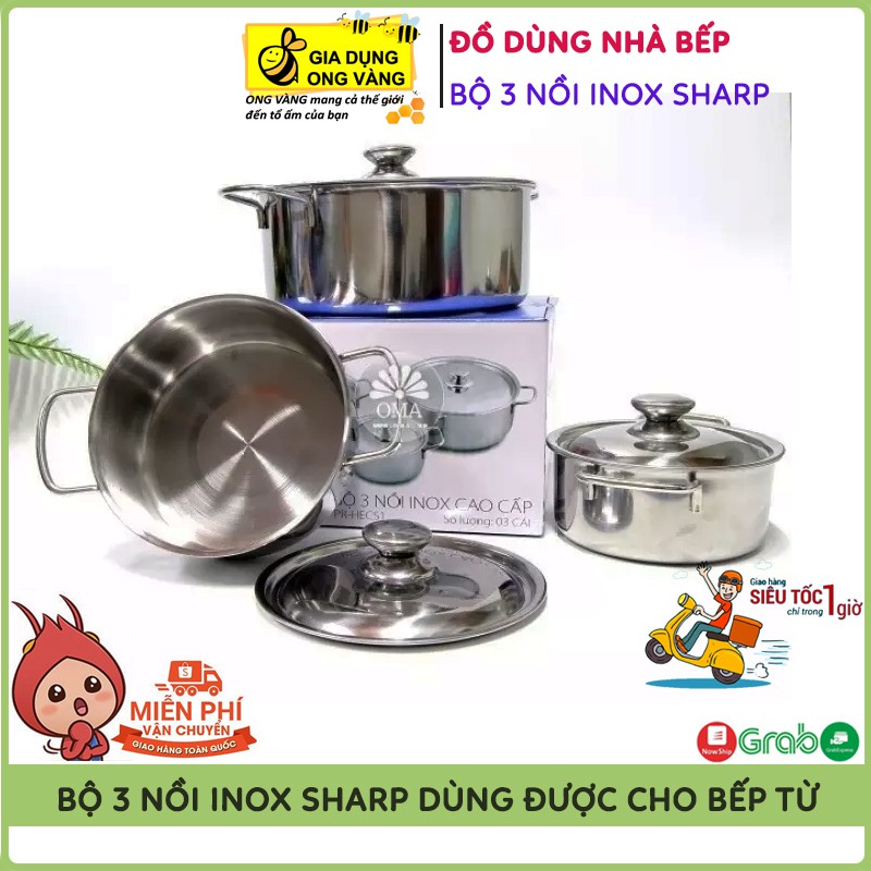 Bộ 3 Nồi Inox Sharp Cao Cấp Đáy Từ H&E Dùng Được Cho Bếp Từ, Inox Sang Trọng, Vệ Sinh Đơn Giản