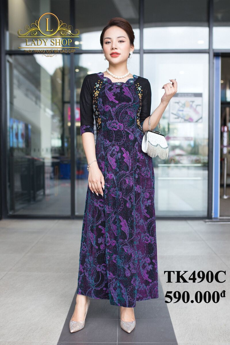 VÁY TRUNG NIÊN - ĐẦM TRUNG NIÊN CAO CẤP - THỜI TRANG TRUNG NIÊN - LADYSHOP - Maxi nhũ sườn đen cành hoa tím đính đá | BigBuy360 - bigbuy360.vn