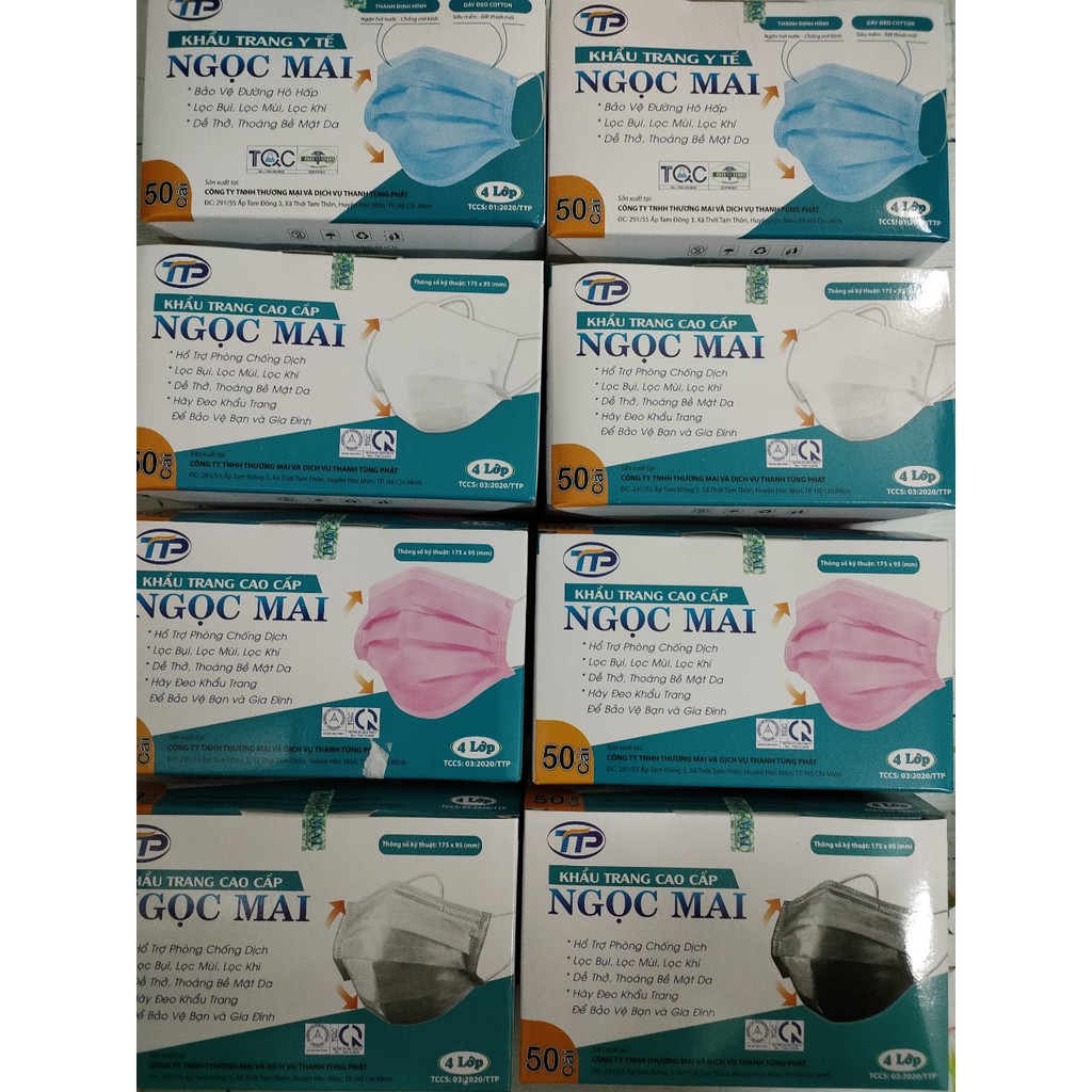 combo 10 Hộp Khẩu Trang Y Tế Chất Lượng Cao 4 Lớp Ngọc Mai Màu Xám, Trắng, Xanh, Đen, Hồng  (50 Cái/hộp) | BigBuy360 - bigbuy360.vn