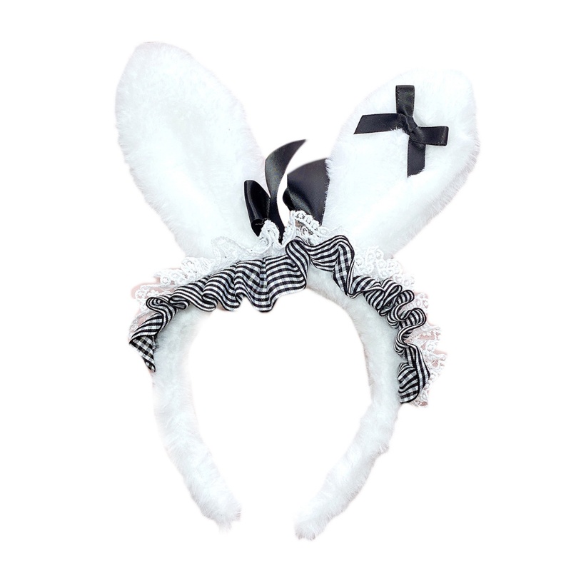 Băng Đô Tai Thỏ Họa Tiết Sọc Caro Phối Lông Xù Dành Cho Nữ