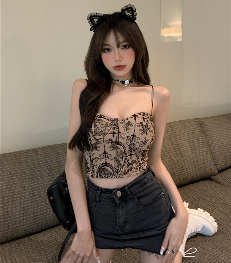 Áo hai dây dáng ôm in họa tiết phong cách retro thời trang cho nữ