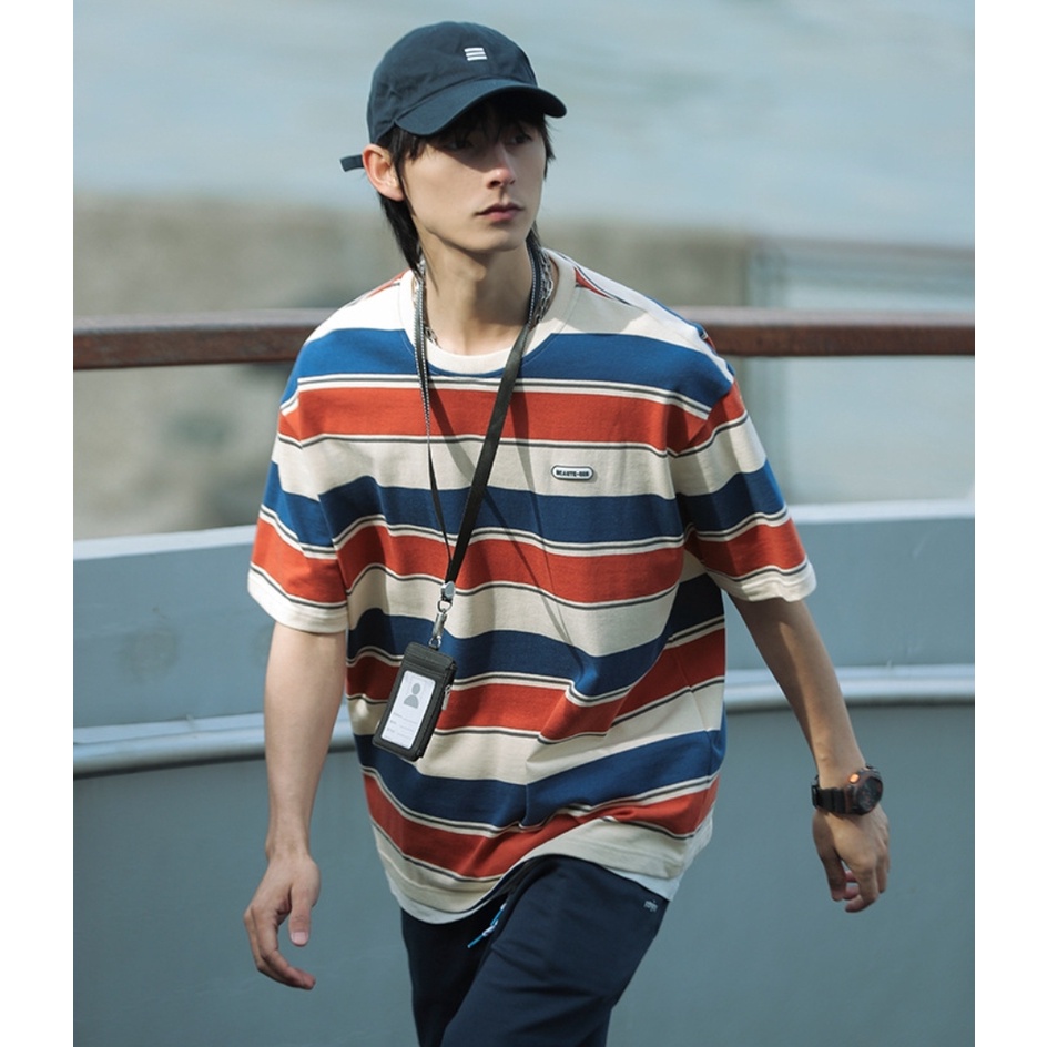Áo thun kẻ tay lỡ 100% cotton logo cao su nam nữ  MEANSTORE phông in hình cotton vải mát form rộng phong cách Hàn Quốc