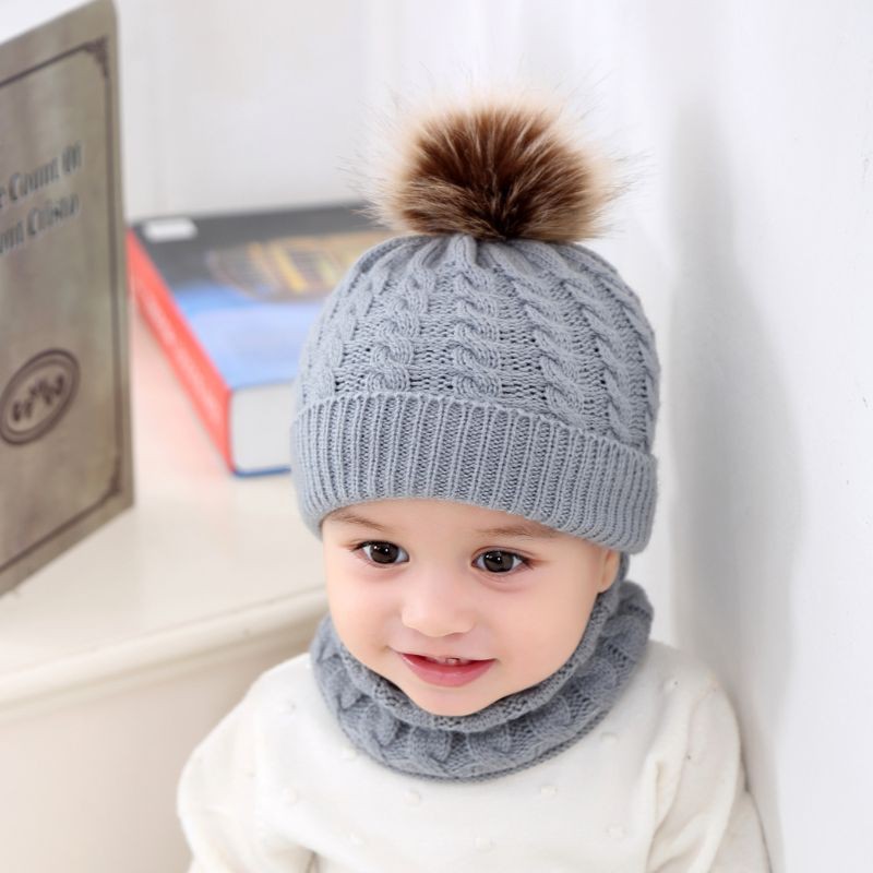 Set nón len beanie + khăn choàng cổ len màu trơn ấm áp dành cho bé