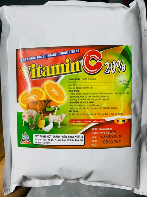 Vitamin C 20% dạng bột mịn - bổ sung Vitamin, kích thích thèm ăn cho vật nuôi.