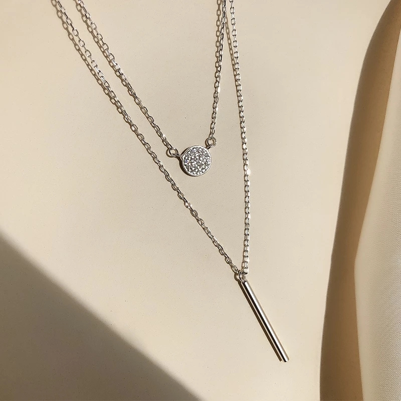 Dây chuyền dáng dài hai lớp mặt hình học kim loại đính đá zircon đơn giản thời trang dành cho nữ
