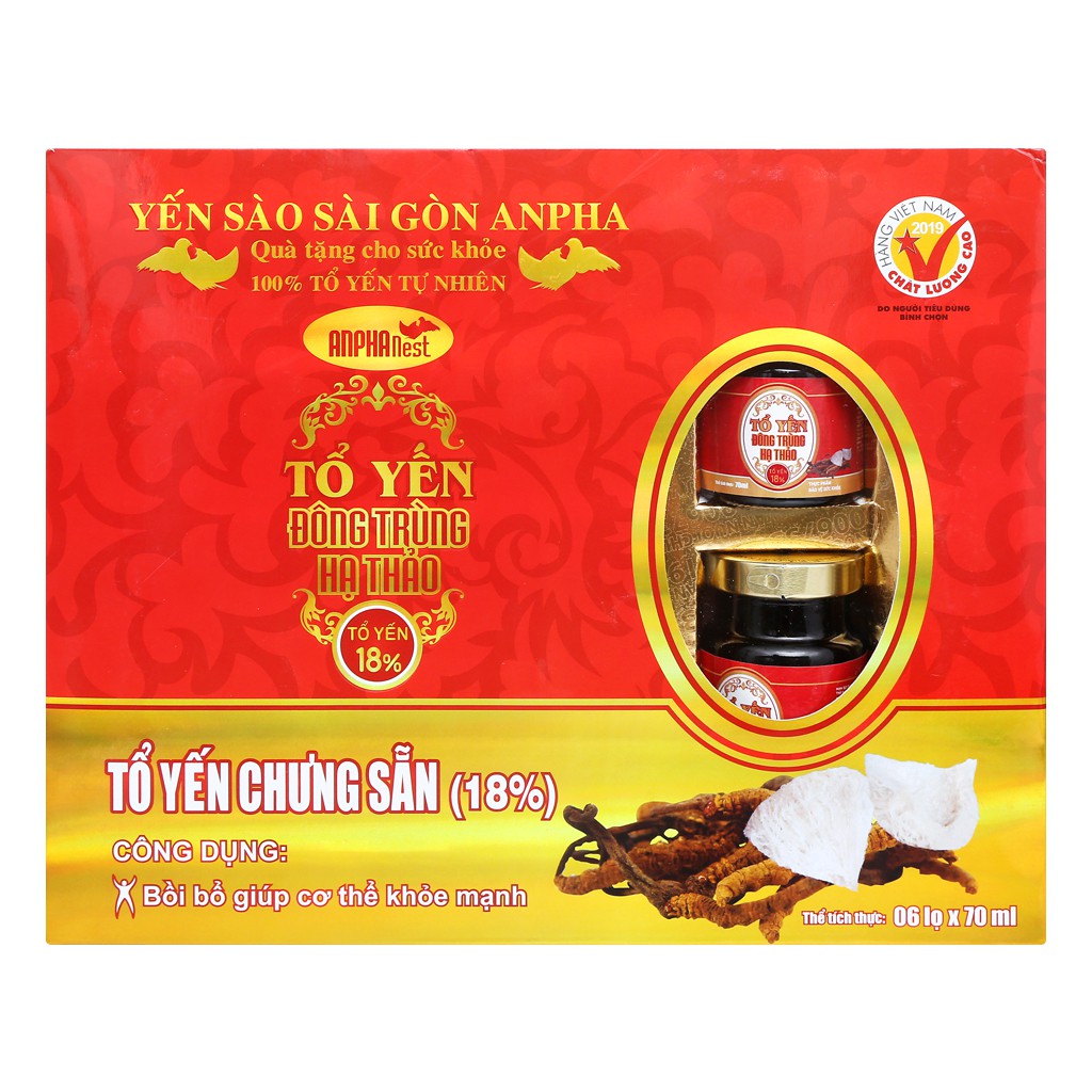 Siêu bổ - Tổ yến chưng đông trùng hạ thảo - sài gòn anpha - hộp 6 lọ 70ml/ hộp - 18% yến nguyên chất