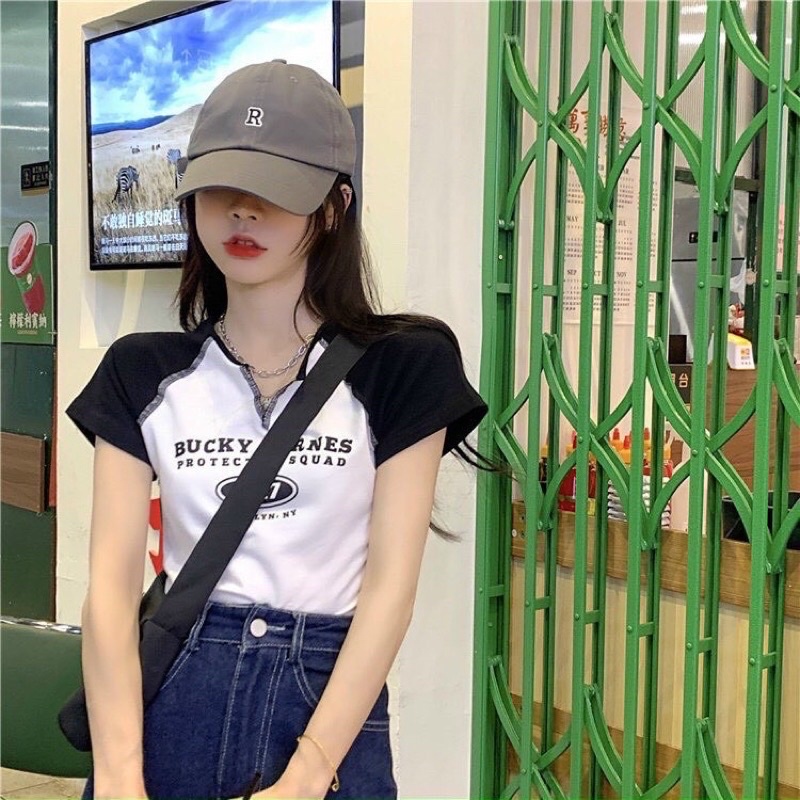 Áo phông croptop cổ V tay ngắn, áo croptop nữ tay ngắn chất thun đẹp