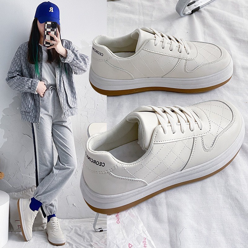 Giày thể thao nữ Ulzzang bánh mì kem đế nâu Giầy sneaker độn đế mũi tròn kiểu dáng basic dễ phối đồ