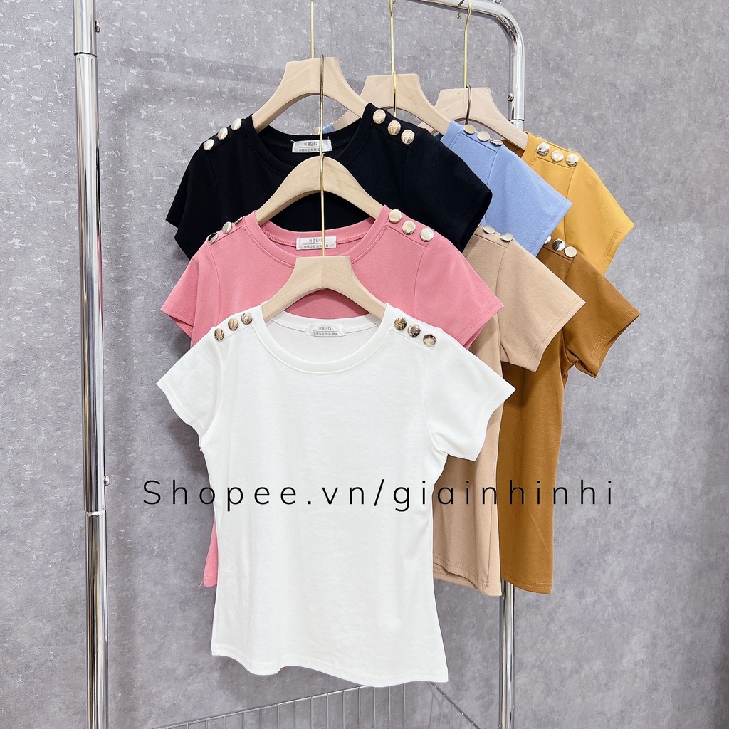 Xả hàng - Áo thun kiểu dáng ôm đính khuy vai, Áo kiểu cổ tròn AT5081 - NhiNhi Shop