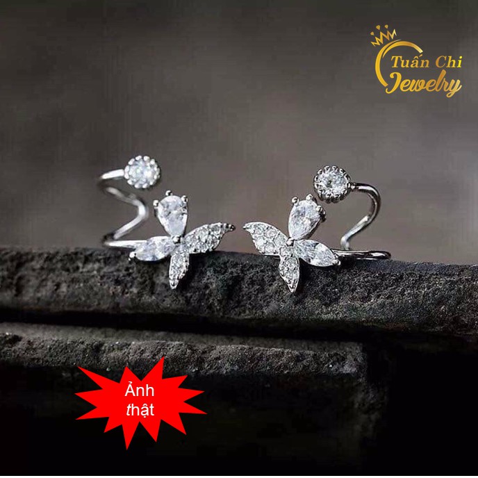 Bông Tai Bạc ⚡BẠC ĐẸP⚡ Khuyên Tai Bạc Đẹp Kiểu Dáng Bướm Kẹp Vành Cá Tính Gắn Đá Nổi Bật