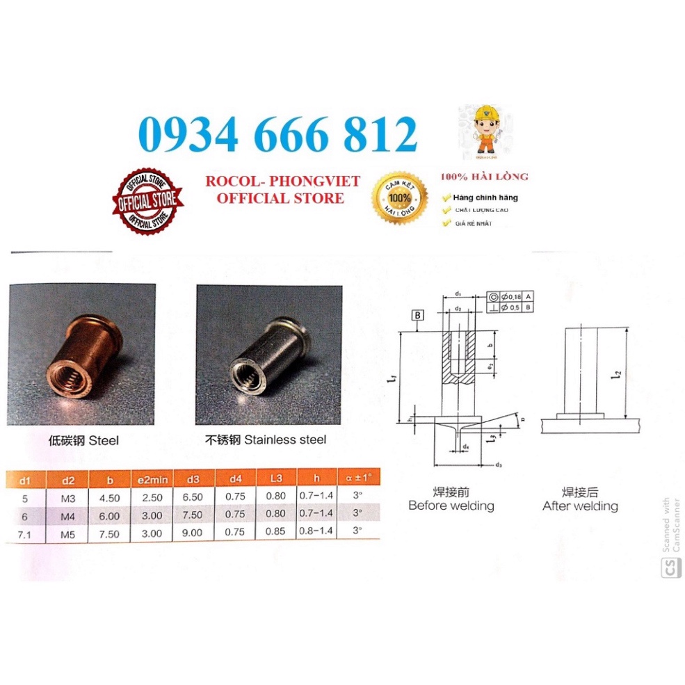 Combo 50c ecu hàn chập hàn nổ M4x10, M4x16 thép mạ đồng