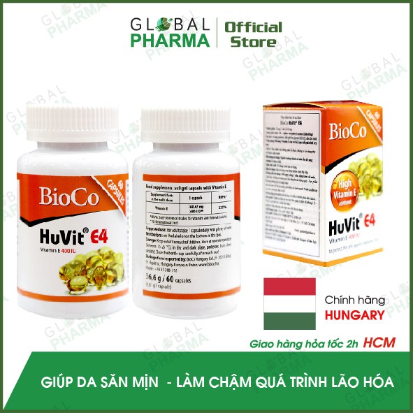 Viên uống vitamin E Bioco Huvit E4 ngăn lão hóa, mờ tàn nhang, nám (Hộp 60v)