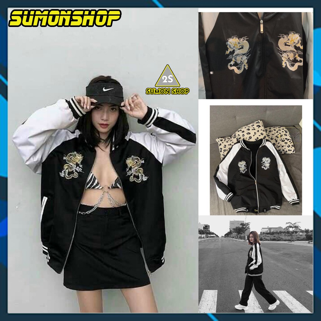 Áo Khoác Dù BOMBER IN RỒNG ĐEN DRAGON , Áo khoác BOMBER Unisex Nam/Nữ - SuMon Shop