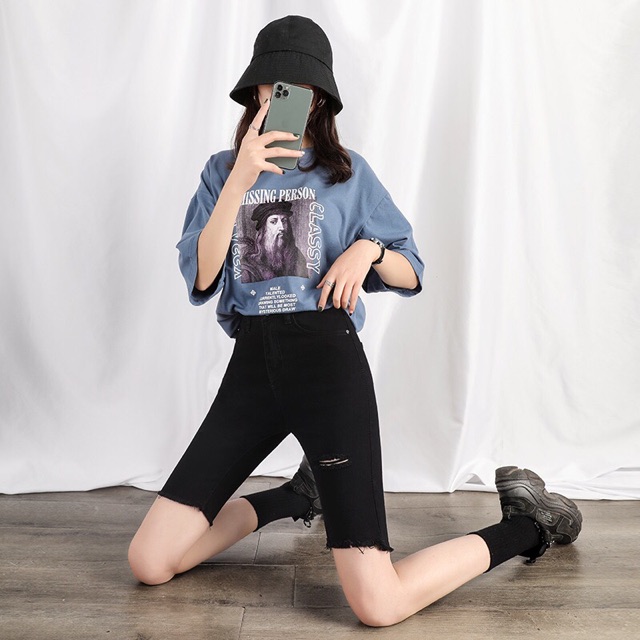 Quần Bò Cạp Cao ĐEN TUYỀN/ Ngố Lửng Jeans Lưng Siêu Cao Trên Rốn - Rách Kiểu-VẢI DÀY ĐẸP