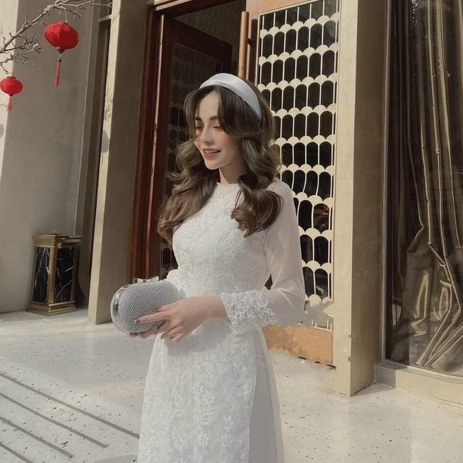 Áo dài cách tấn ren thêu 4 tà , tay voon nhún bèo , áo dài may sẵn cao cấp