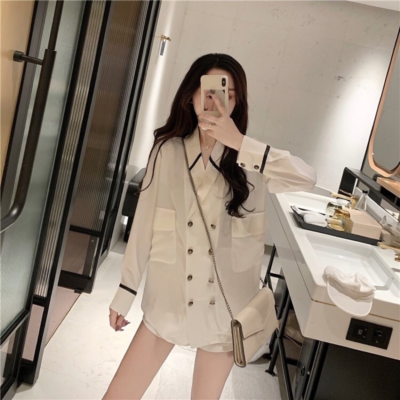 Áo sơ mi trắng blazer cổ vest sọc viền đen Ulzzang basic siêu sang chảnh
