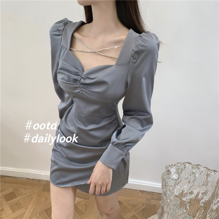 Váy đầm sơ mi lụa tay bồng phối đá sang chảnh chất đẹp