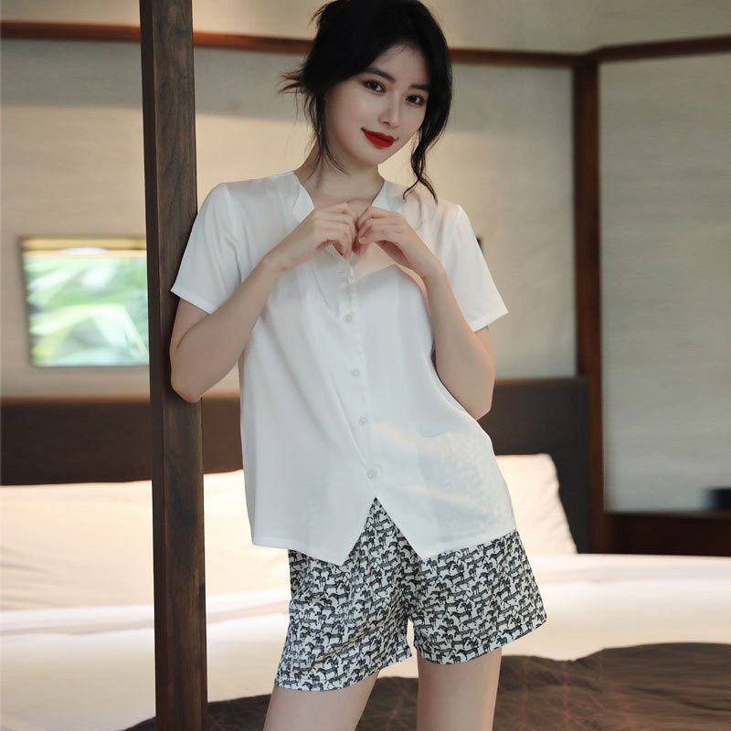 Set đồ ngủ cổ chữ V phối họa tiết da báo/ngựa vằn thời trang mùa hè dành cho nữ