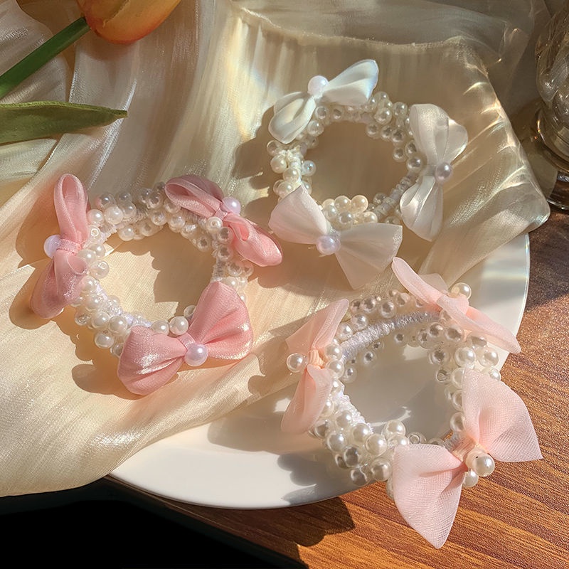 Dây buộc tóc Haimeikang co giãn đính nơ phối hạt ngọc trai nhân tạo thời trang sang trọng