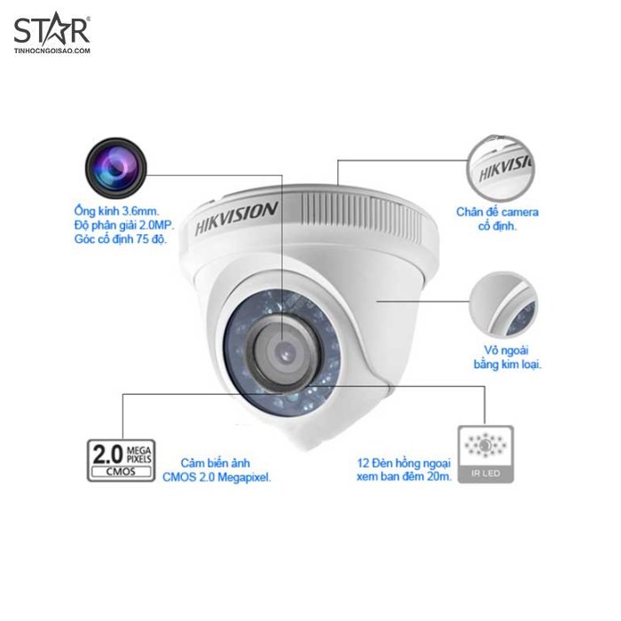 Camera Hikvision 56D0T-IR 2MP 1080P Vỏ Sắt Lắp Trong Nhà Chính Hãng Bảo Hành 2 Năm