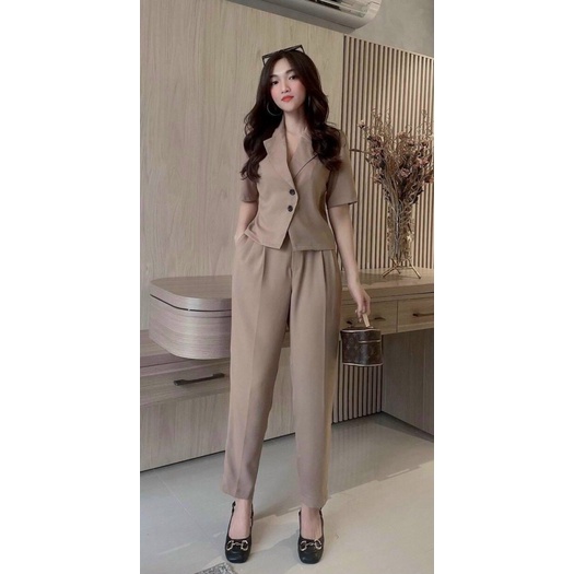 Mẫu Đồ Công Sở --- Sét Cotton Lạnh Áo Tay Lỡ Phối Quần Âu Cùng Màu UP