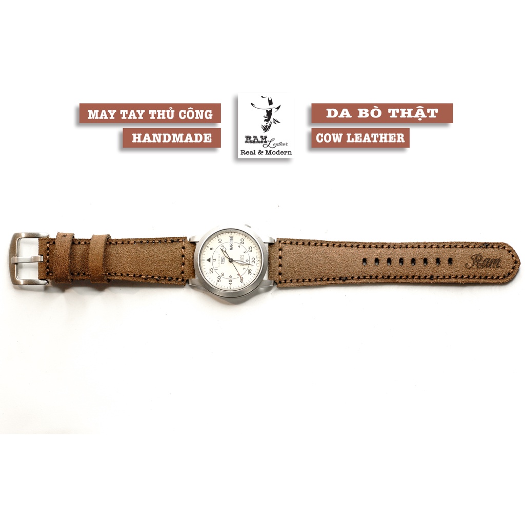 Dây đồng hồ da bò lộn nâu đậm da bò thật RAM Leather classic 1960 - tặng khóa chốt và cây thay dây