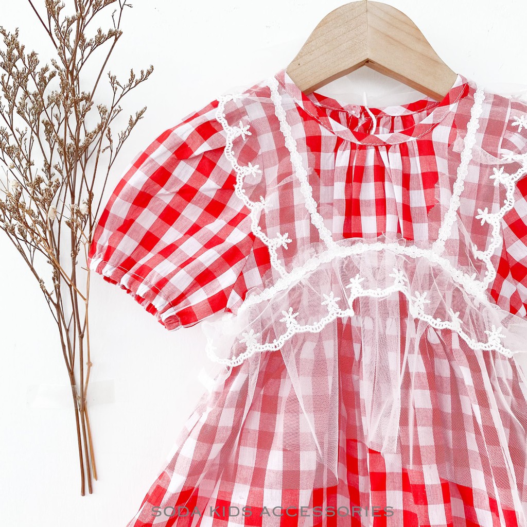 Váy kẻ đỏ kèm voan cho bé gái (Ảnh thật)