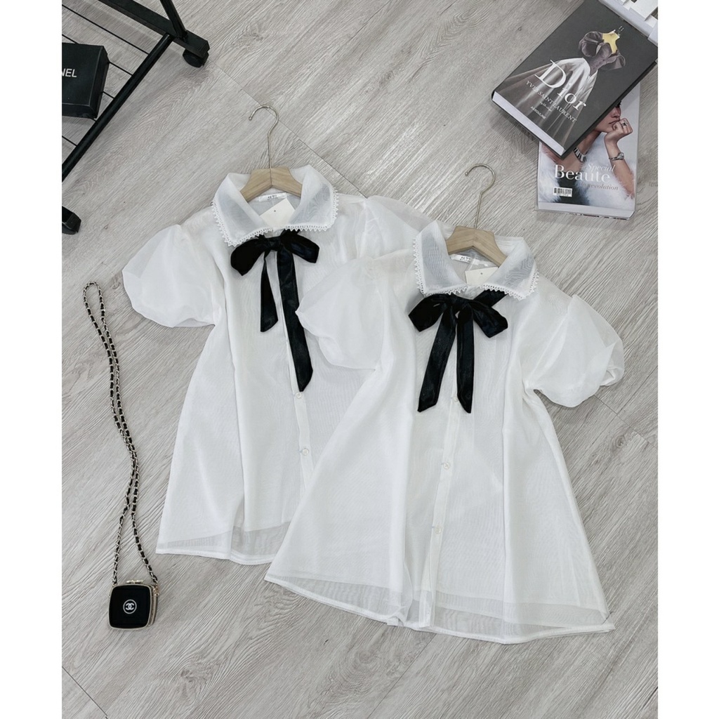 Áo sơ mi nữ babydoll ren tơ phối nơ cổ form rộng dáng xòe tiểu thư sang chảnh, áo nữ kiểu.