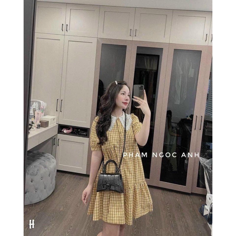Váy Vintage kẻ vàng cổ phối ren tiểu thư sang chảnh | BigBuy360 - bigbuy360.vn