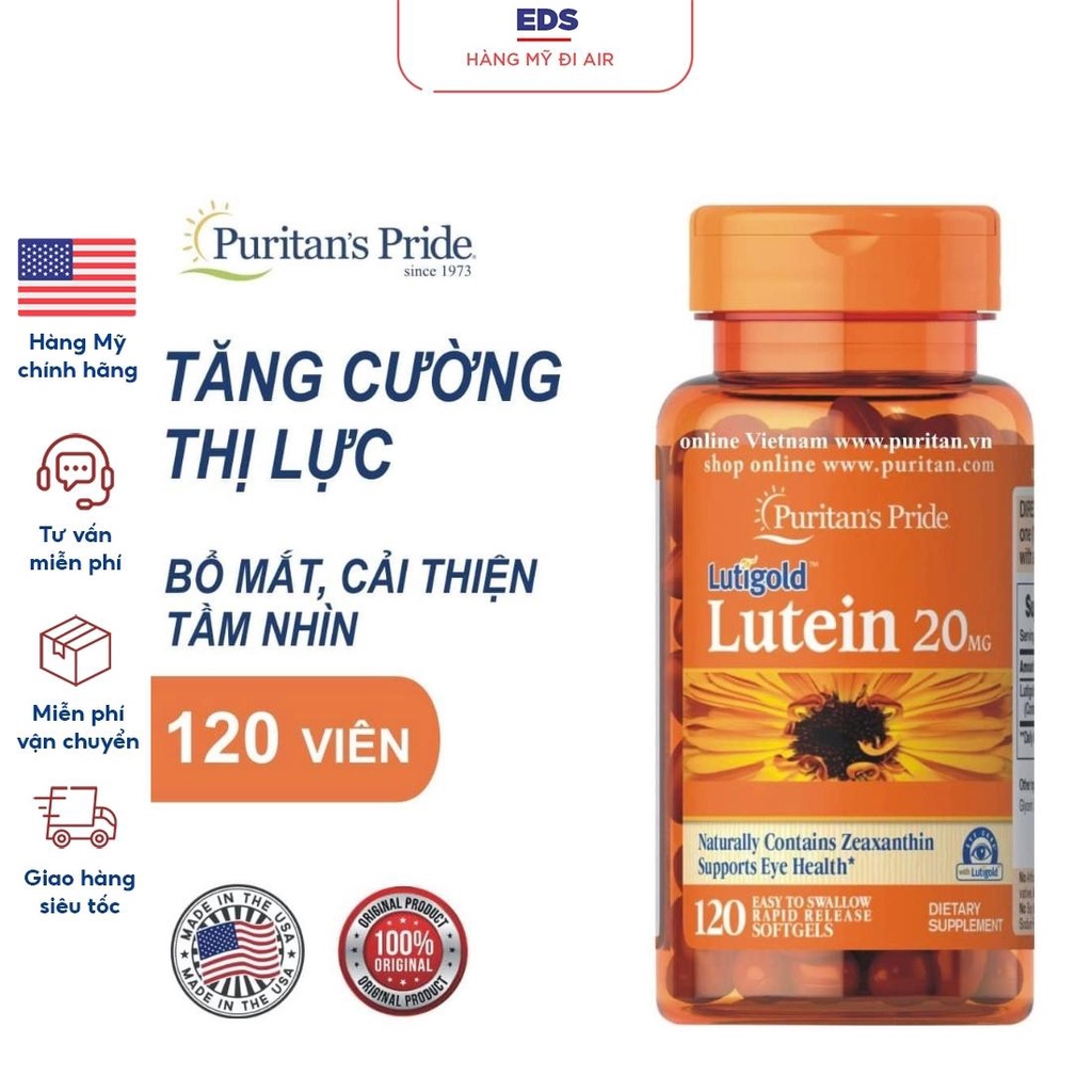 Viên uống bổ mắt Puritan's Pride Lutigold Lutein 20mg date T10/2023 - EDS Hàng Mỹ tăng cường thị lực
