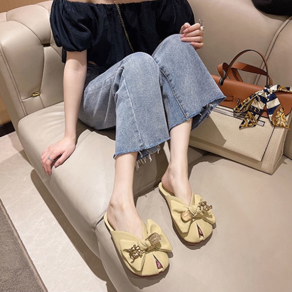 Dép Bít Mũi Đế Bằng Mềm Mại Đính Nơ Thời Trang Mùa Hè Hàn Quốc Cho Nữ