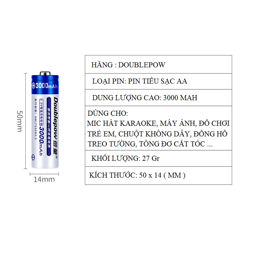 Bộ 4 Viên Pin Tiểu Sạc AA Doublepow Dung Lượng Cao 3000 mAh Dùng Cho Đồ Chơi, Máy Ảnh, Mic Hát Không Dây, Đèn Pin