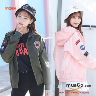 Áo khoác dù 2 lớp in logo siêu cute, Áo khoác dù có nón rất đẹp màu hồng, xanh lá, xám,Áo khoác dù nữ sành điệu - XYZ004