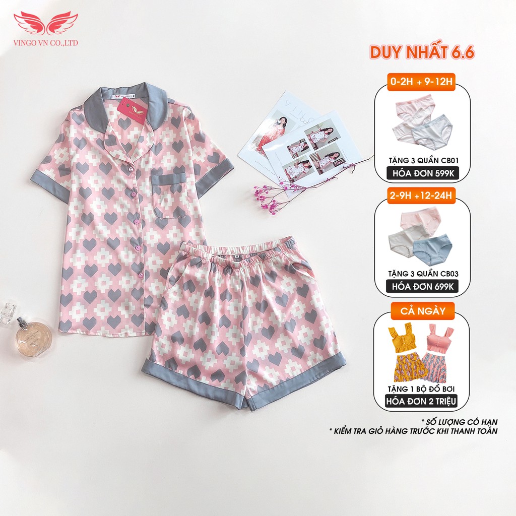 VINGO Bộ Ngủ Pijama Mặc Nhà Nữ Lụa Gấm Mềm Mát Tay Cộc Quần Cộc Họa Tiết Tim Nền Hồng H414 VNGO - TCQC