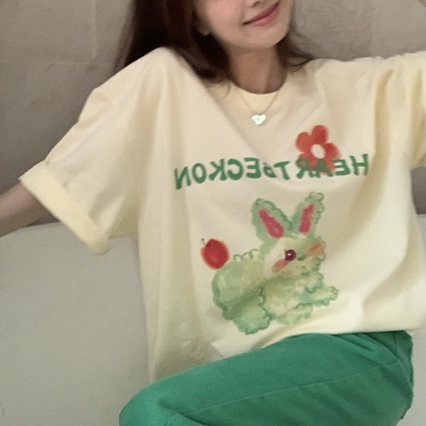 Áo thun SUXI tay ngắn dáng rộng in họa tiết chữ hoạt hình phong cách Hàn Quốc thời trang mùa hè cho nữ