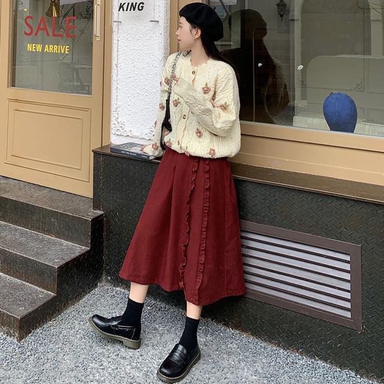 Chân Váy Maxi Dài Lưng Cao Màu Đỏ Rượu Thời Trang Thu Đông Phong Cách Hàn Quốc Cho Nữ