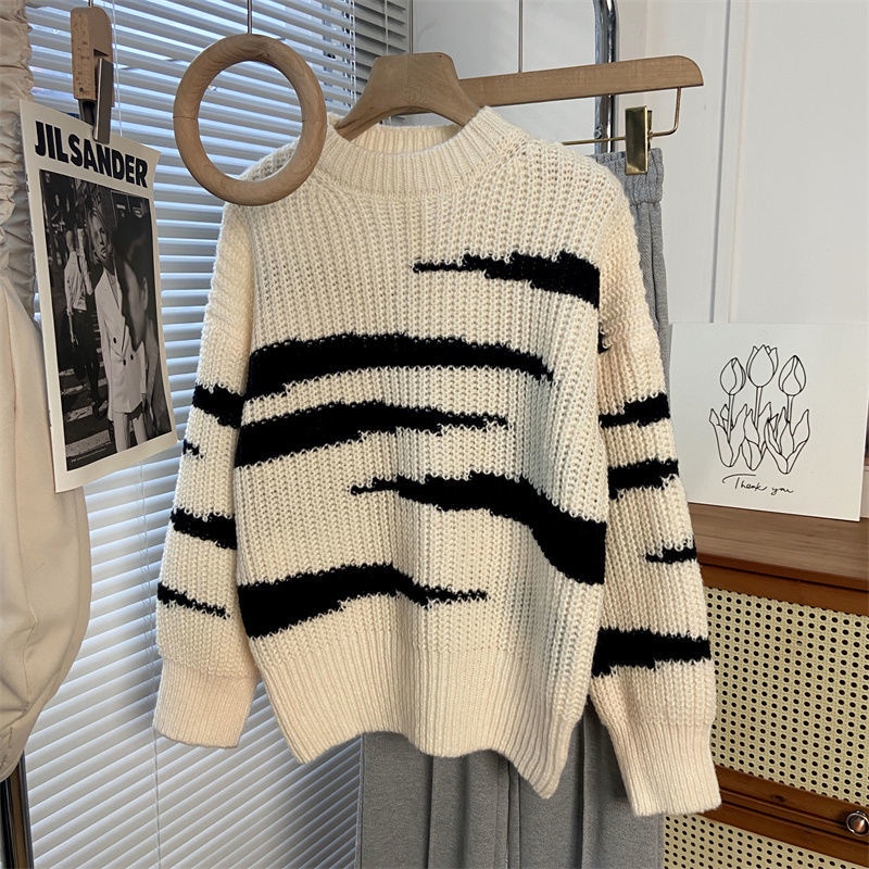 Áo Len Dài Tay Form Rộng Màu Sắc Tương Phản Thời Trang Dành Cho Nữ