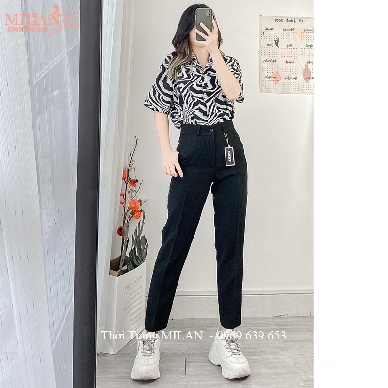 Quần tây nữ lưng cao đi học làm công sở màu Đen Xanh ống đứng dáng dài - Quần baggy vải cạp cao nữ học sinh viên đi làm