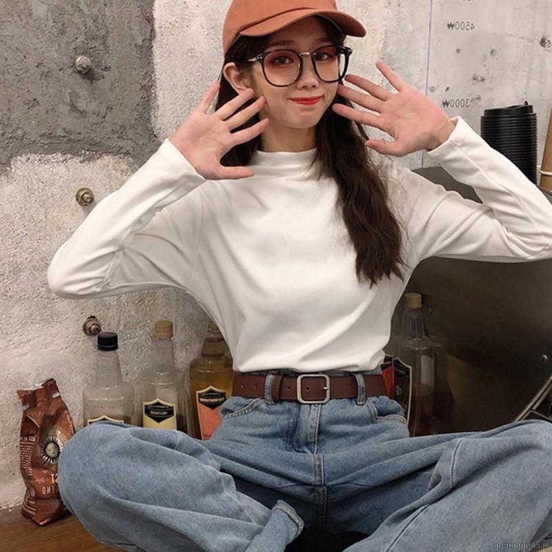 Áo Thun Cổ Lọ Màu Trơn Thiết Kế Tôn Dáng Dành Cho Nữ