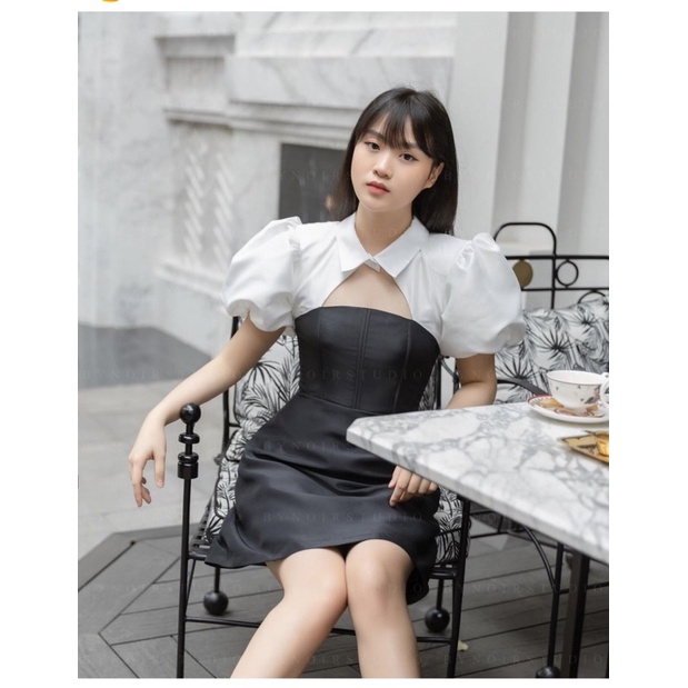 V777  VÁY ĐEN PHỐI VAI TRẮNG CẮT NGỰC CỔ SƠ MI
