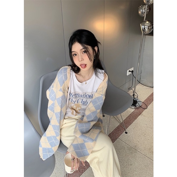 Áo khoác cardigan croptop form rộng dài tay nữ kẻ ô caro