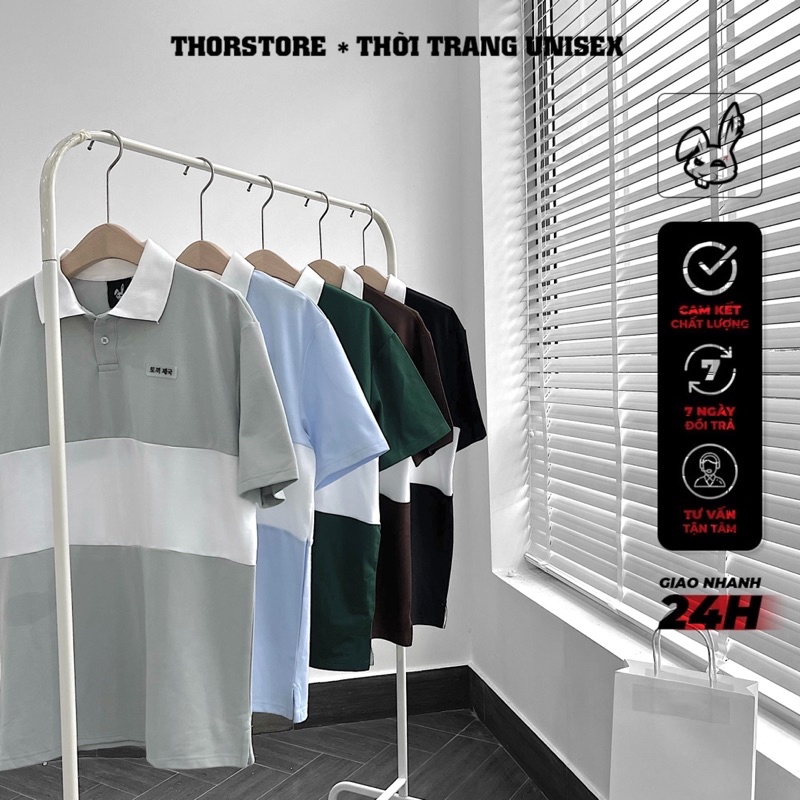 Áo polo tay lỡ unisex,phối màu sọc ngang thêu logo Han