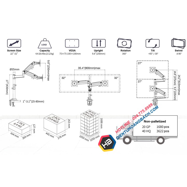 Giá Treo Hai Màn Hình NB H180 22 - 32 Inch - Tay Treo Màn Hình Máy Tính Kẹp Bàn Xoay 360 Độ [ Cao Cấp Hơn NB F160 ]